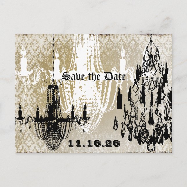 Chandelier Gold Black and White Distressed Damask Announcement Postcard (Front)