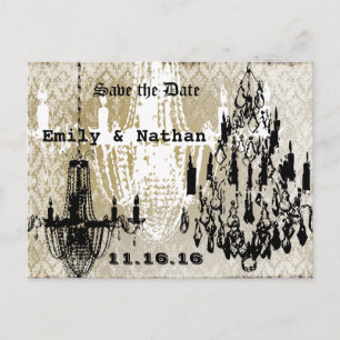 Chandelier Gold Black and White Distressed Damask Announcement Postcard