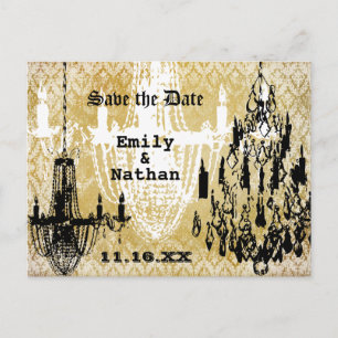 Chandelier Gold Black and White Distressed Damask Announcement Postcard