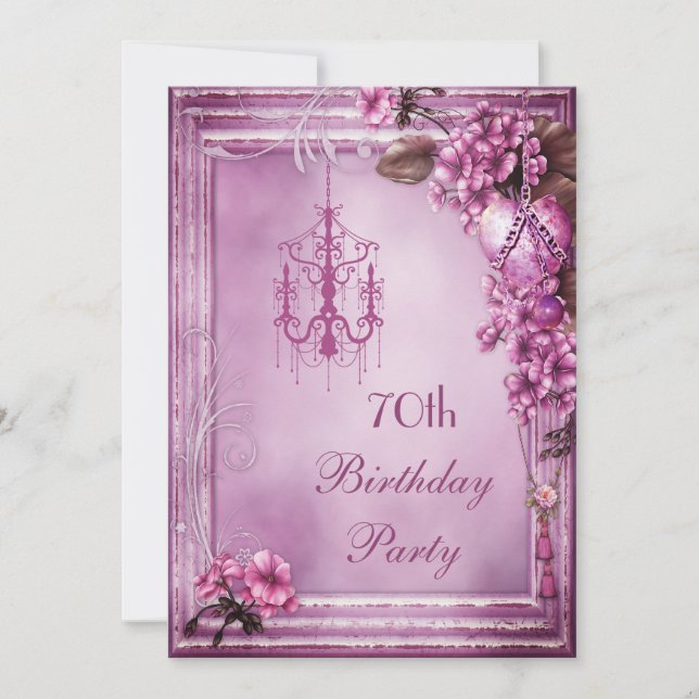Chandelier, Heart & Flowers 70th Birthday Party Invitation (Front)