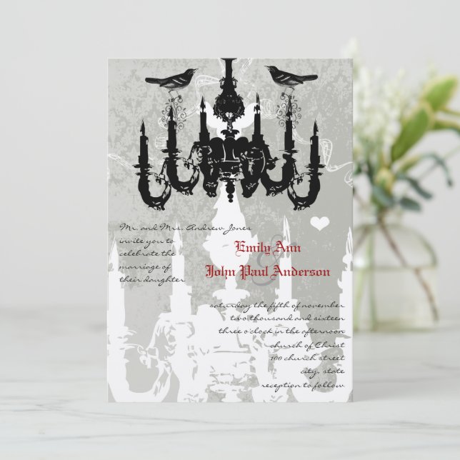 Chandelier Love Birds Wedding Invitation (Standing Front)