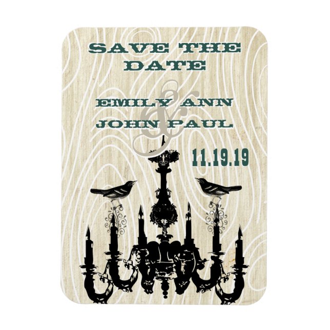 Chandelier Love Birds Wood Grain Save the Date Magnet (Vertical)