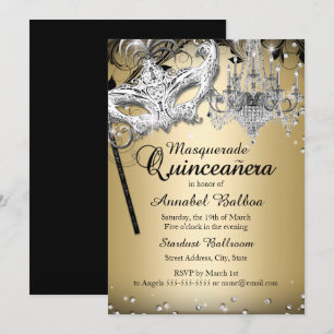 Chandelier Masquerade Gold Quinceanera Invite