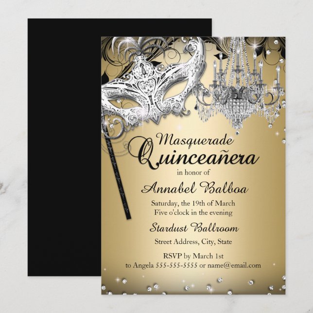 Chandelier Masquerade Gold Quinceanera Invite (Front/Back)