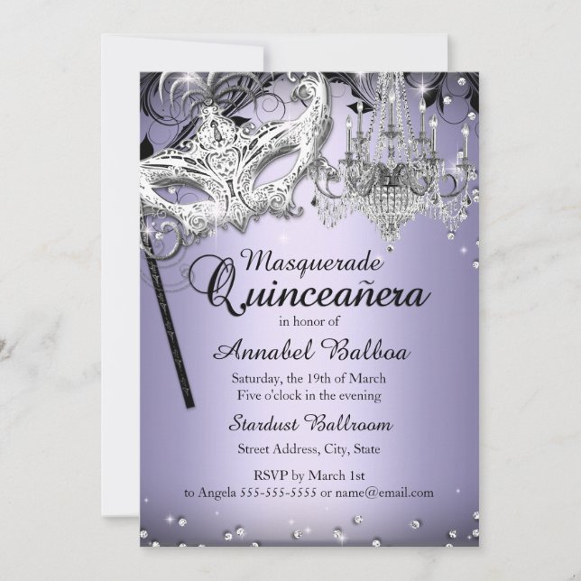 Chandelier Masquerade Purple Quinceanera Invite (Front)