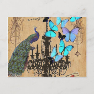 chandelier modern vintage peacock blue butterfly postcard