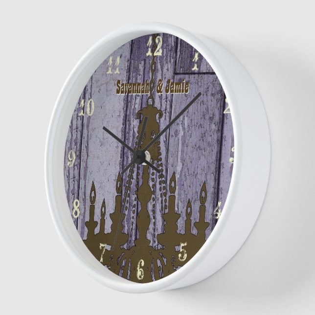 Chandelier Old Rustic Purple Wood Personalised Wall Clock (Angle)