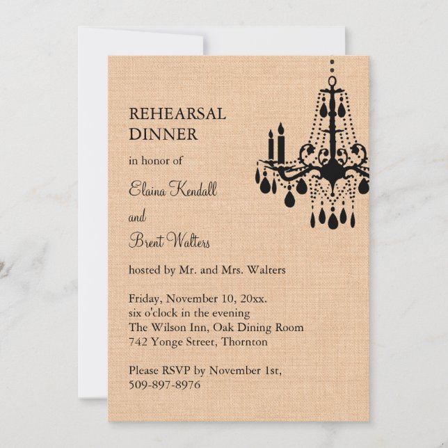 Chandelier on Burlap Rehearsal Dinner Invitation (Front)