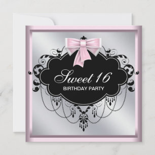 Chandelier Pink Black Sweet 16 Birthday Party Invitation