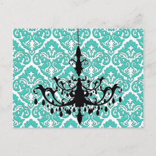 Chandelier Silhouette Teal Damask Postcard