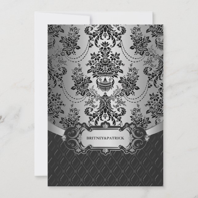 Chandelier Silver Black Damask Wedding Invitations (Front)