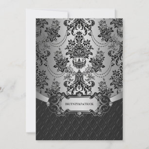 Chandelier Silver Black Damask Wedding Invitations