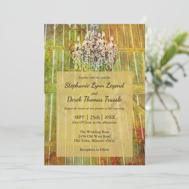 Chandelier Watercolor Barn Wedding Invitation (Standing Front)