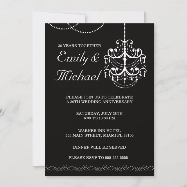 Chandelier Wedding Anniversary Black Invitation (Front)