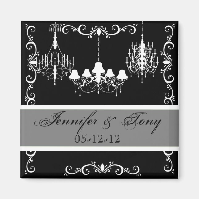 Chandeliers Black and Grey Names and Date Magnet (Front)