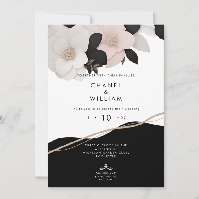 Chanel black and white bejeweled floral wedding invitation (Front)