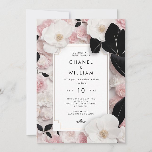 Chanel-inspired blush pink floral wedding invitation (Front)