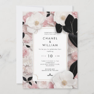 Chanel-inspired blush pink floral wedding invitation