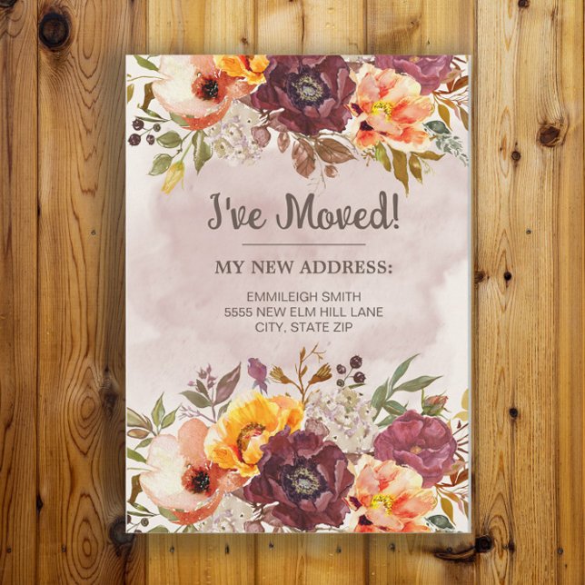 Change Address Fall Autumn Burgundy Orange Floral Announcement (Rustic fall floral change of address moving announcement)