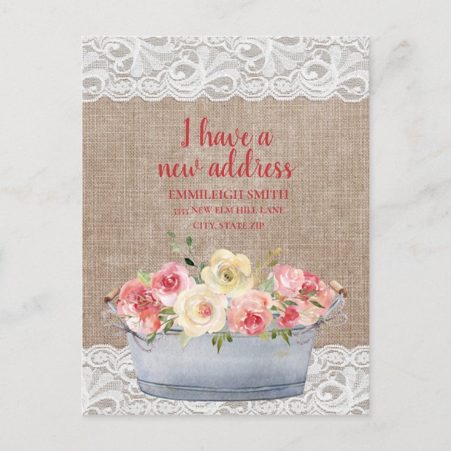 Change Address Metal Tub Pink Cream Flowers Postcard (Front)