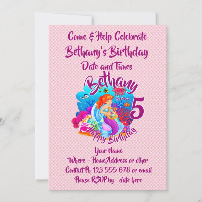 Change Age Name Mermaid Birthday Party Personalise Invitation (Front)