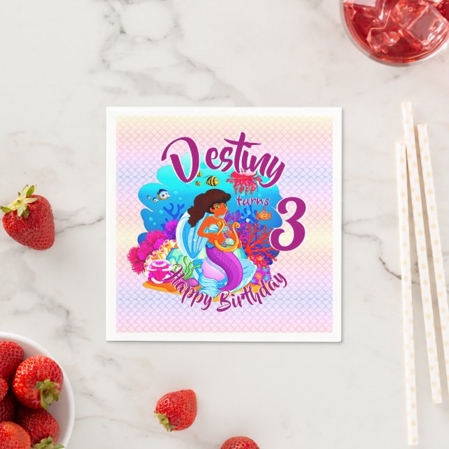 Change Age Name Mermaid Birthday Party Personalise Napkin (Insitu)