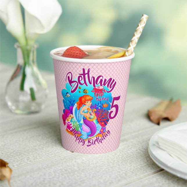 Change Age Name Mermaid Birthday Party Personalise Paper Cups (Insitu)