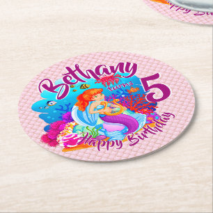 Change Age Name Mermaid Birthday Party Personalise Round Paper Coaster