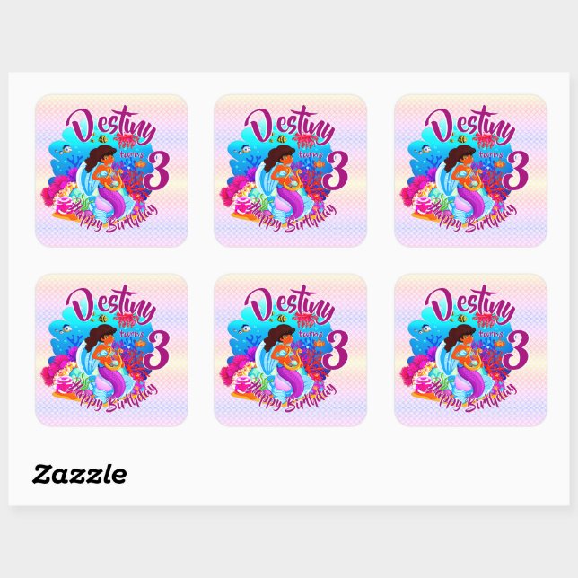 Change Age Name Mermaid Birthday Party Personalise Square Sticker (Sheet)