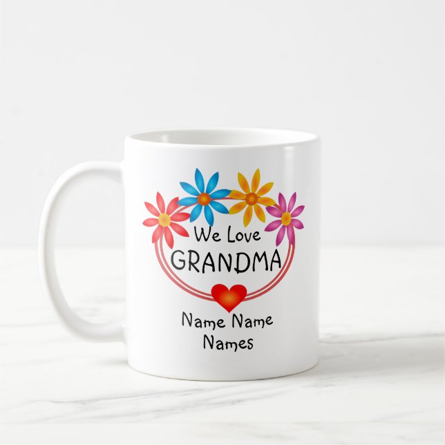 Change ALL Names Grandma Kids Names Flower Heart Coffee Mug (Left)