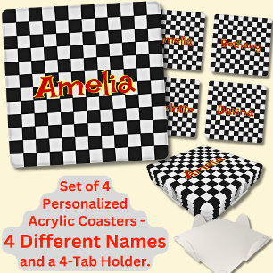 Change ALL Names, Retro Black White Chequerboard   Coaster Set