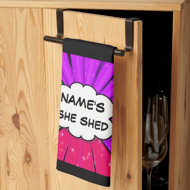 Change ALL Text Add Name She Shed Comic Pop Style Tea Towel (Thirds Fold)