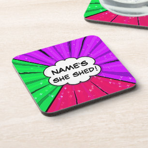 Change ALL Text Add Name She Shed Comic Style      Coaster