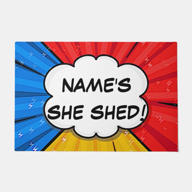 Change ALL Text Add Name She Shed Comic Style Doormat (Front)