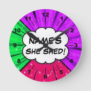 Change ALL Text Add Name She Shed Comic Style      Round Clock