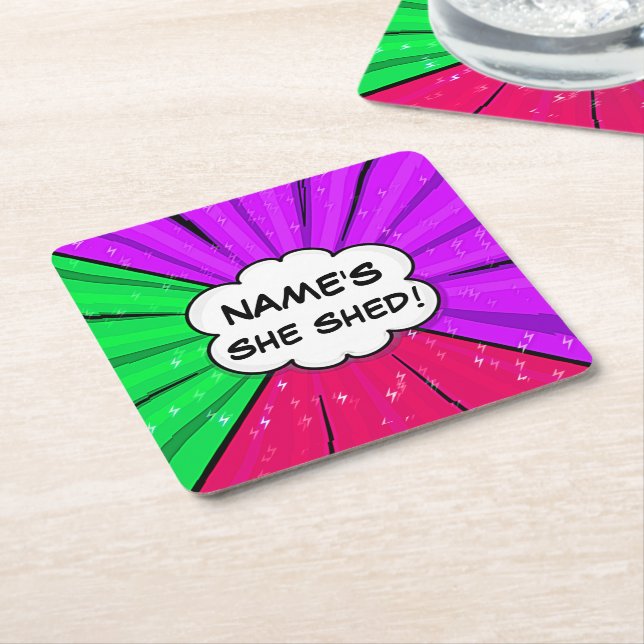 Change ALL Text Add Name She Shed Comic Style      Square Paper Coaster (Angled)