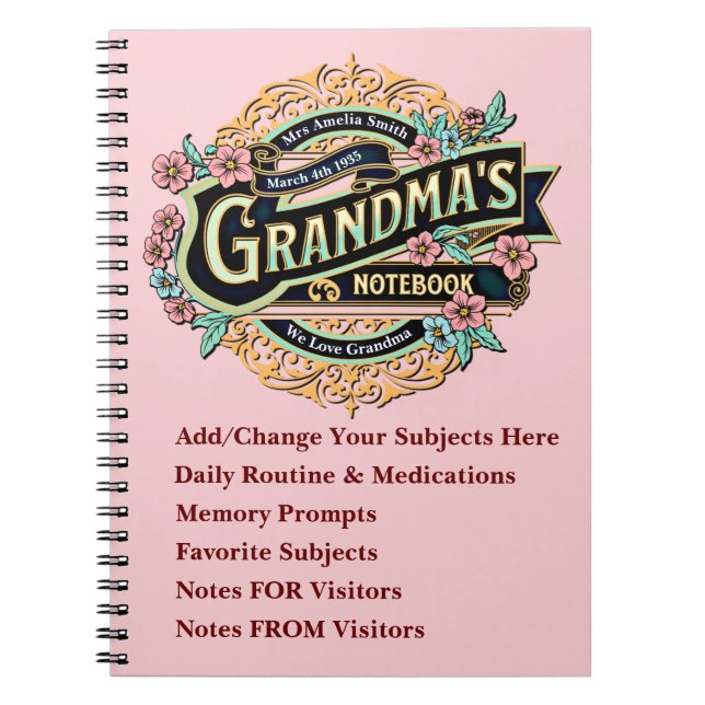 Change ANY Text - Grandmother Dementia Notebook    (Front)