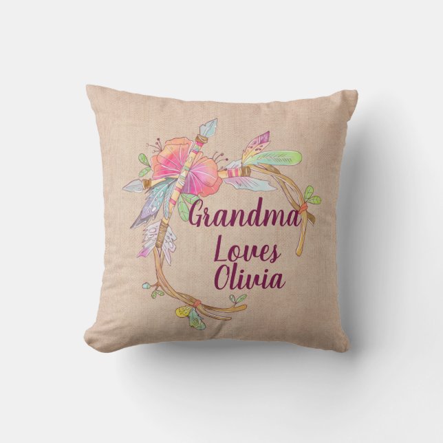 Change Any Text Grandmother Loves Grandchild Boho Cushion (Front)