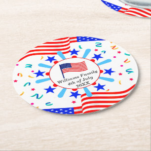Change Any Text USA Flag Independence Day July 4th Round Paper Coaster