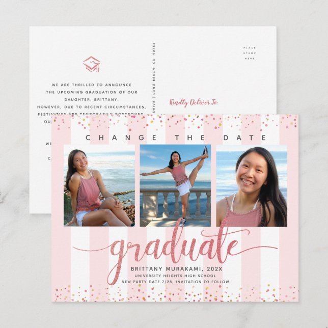 Change date rose gold script graduation photo chic invitation postcard (Front/Back)