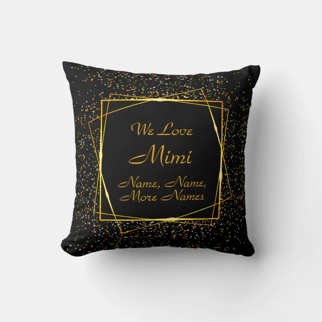 Change Grandma Mimi Name Add Kids Names Black Gold Cushion (Front)