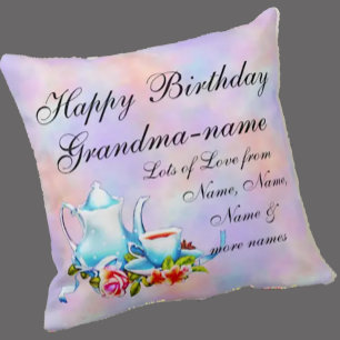 Change Grandma Name Text Teapot Floral Birthday Cushion