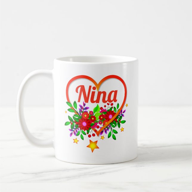 Change Grandmother Name - Nina - Heart & Flowers Coffee Mug (Left)