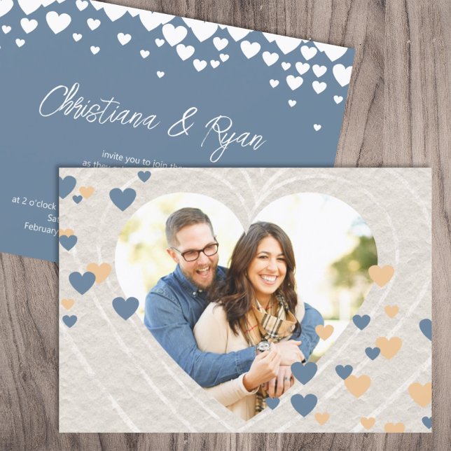 Change Heart Colours, Blue-Grey Valentine's Weddin Invitation (unique valentines february wedding invitations blue natural beige rustic cute hearts romantic)