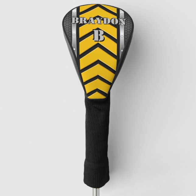 Change Initial Add Name Black Yellow Silver Arrows Golf Head Cover (Front)
