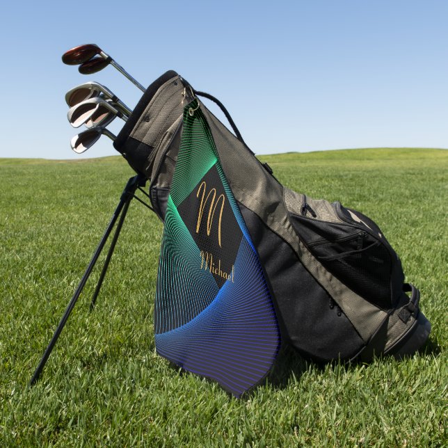 Change Initial Add Name Geometric Green Blue Swirl Golf Towel (Green)