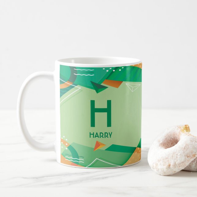 Change Initial Add Name Geometric Green F G H I j  Coffee Mug (With Donut)