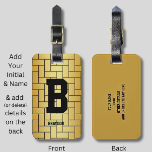 Change Initial Add Name Gold Brown Brick Design Luggage Tag
