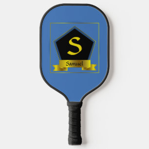 Change Initial, Add Name, Gold Shield Ribbon Blue Pickleball Paddle