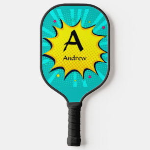 Change Initial, Add Name, Pop Art Aqua Blue Yellow Pickleball Paddle